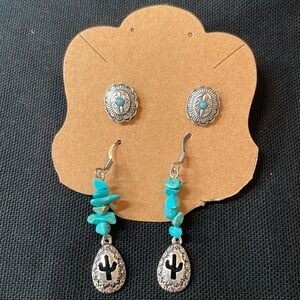 Concho Turquoise In Center Studs & Turquoise Chip & Cactus Charm Drop Earrings